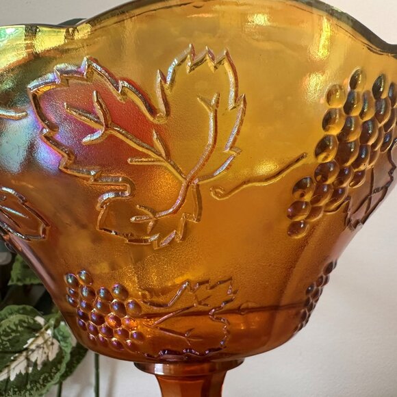 Indiana Glass Marigold Carnival Glass Compote Harvest‎ Grape Pedestal Bowl MCM - Picture 6 of 6